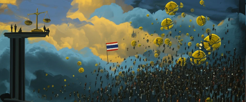 A surreal illustration of income inequality in Thailand, showing a divide between a privileged few and a struggling majority.