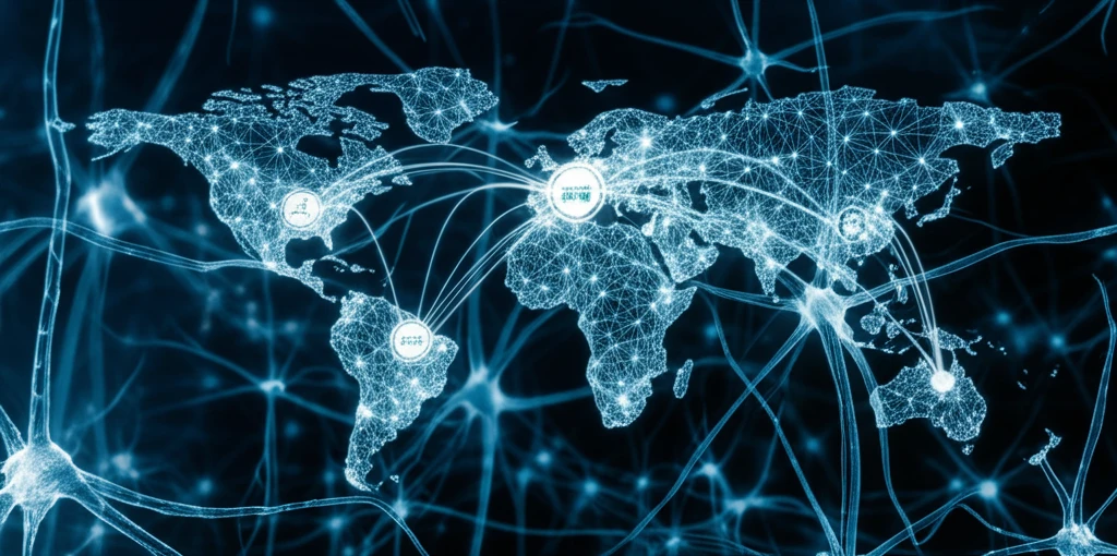AI-driven import forecasting visualized as a neural network map of global trade.
