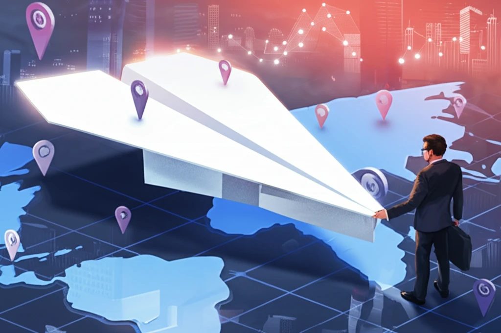 Researcher strategically submitting paper airplane onto world map.