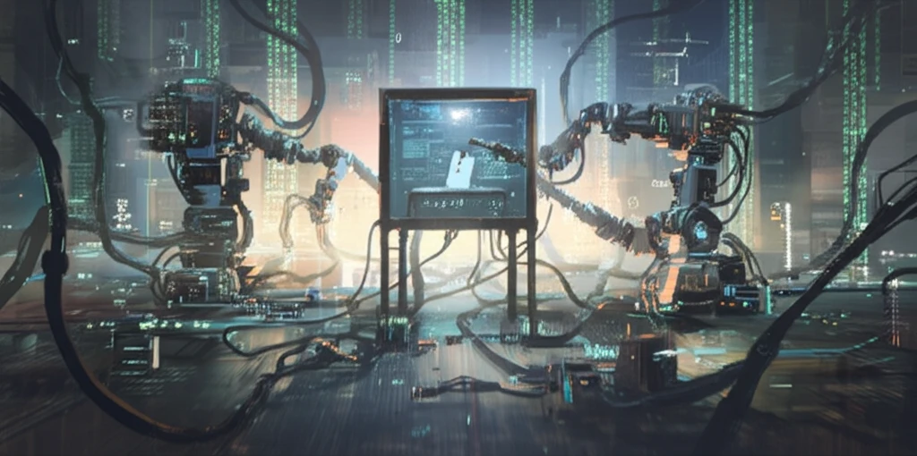AI voting booth with biased robotic arms