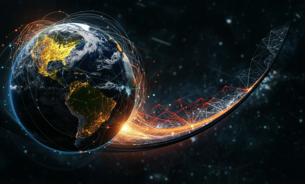 Earth with glowing economic regions and parabolic curves.
