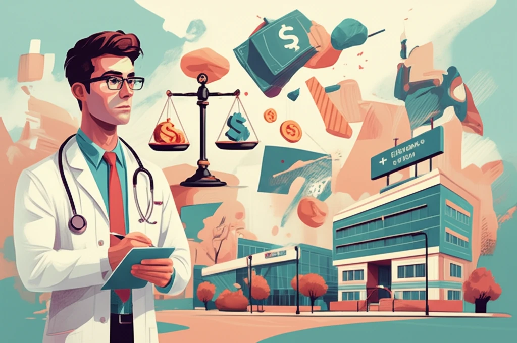 Balanced scale with hospital, money, and quality symbols.