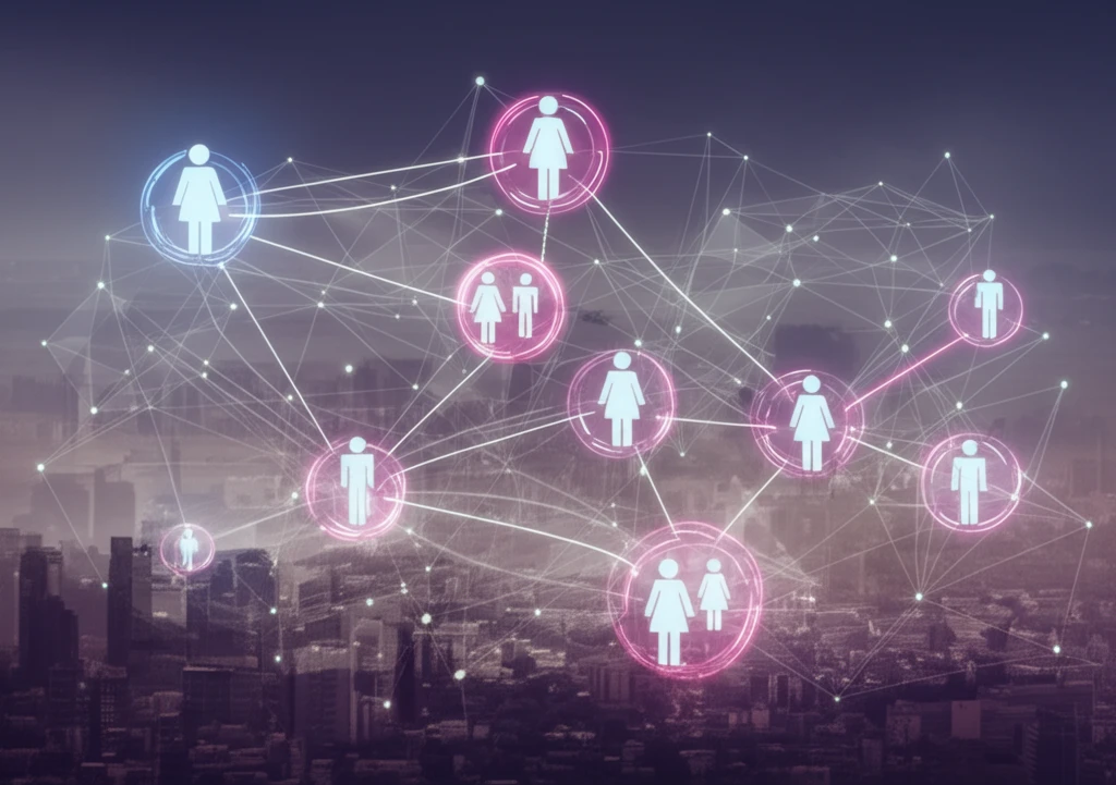 Interconnected community nodes with gender-based color coding.
