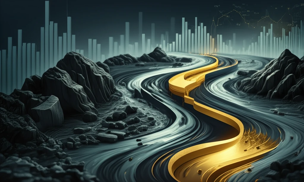 Financial chart transforming into a river, symbolizing change-point analysis.
