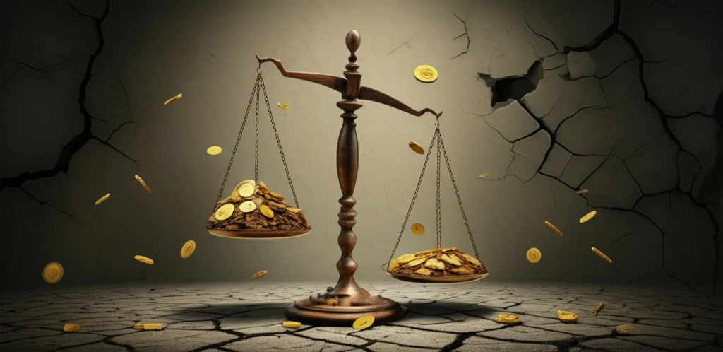 Tilted scale with gold coins overflowing on one side and a barren cracked landscape on the other, symbolizing wealth inequality.