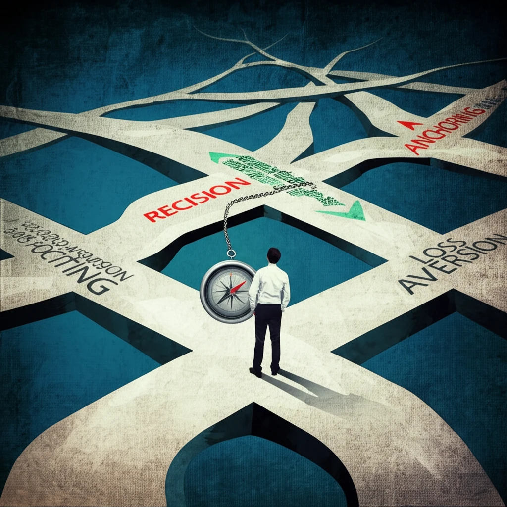 A person at a crossroads, symbolizing the choices influenced by cognitive biases, guided by a compass towards rational decision-making.