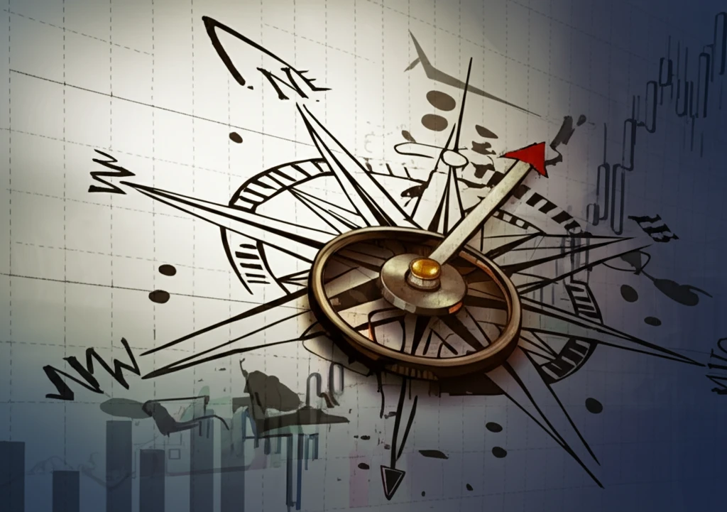 A compass pointing in multiple, conflicting directions on a broken economic graph symbolizes economic model misspecification.