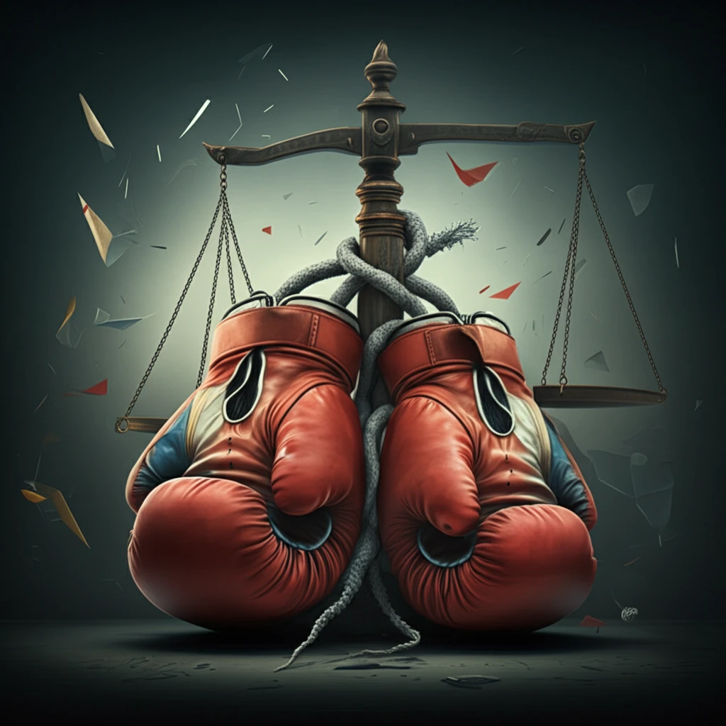 Boxing gloves intertwined with scales of justice, symbolizing fair play in combat sports.