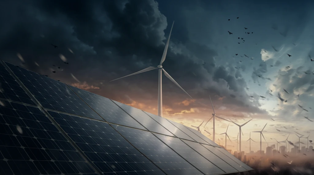 Illustration of renewable energy sources obscured by dark clouds, representing a renewable energy shortage.