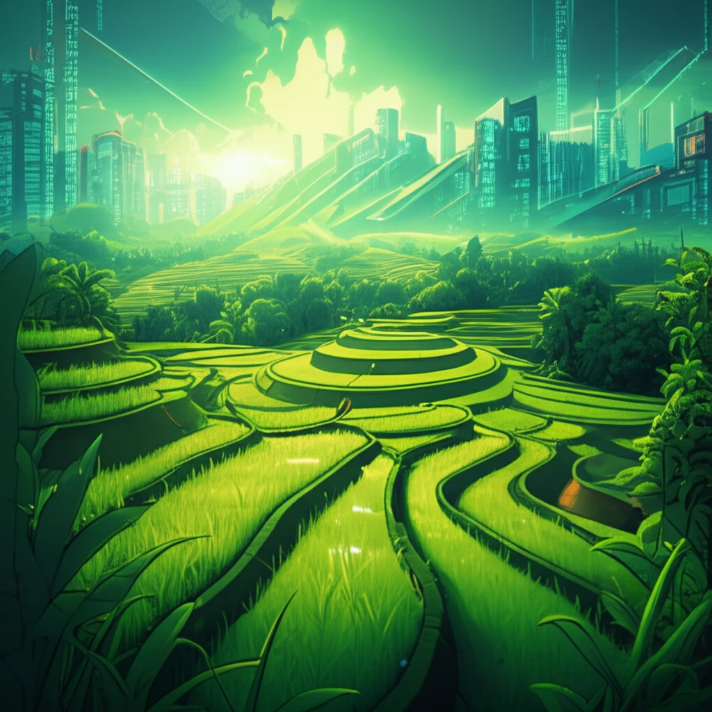 Digital rice terraces: A surreal representation of the digital economy transforming rural agriculture.