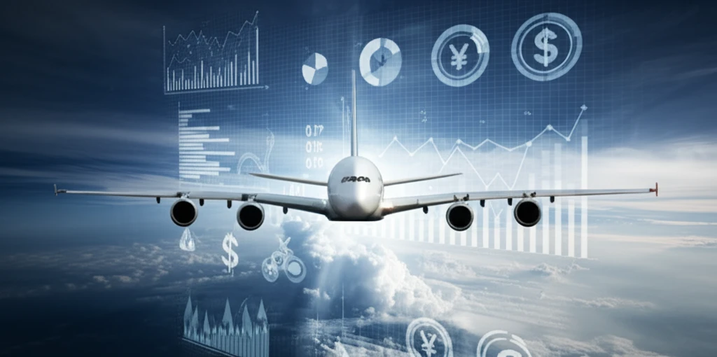 Airplane soaring through economic data and currency.