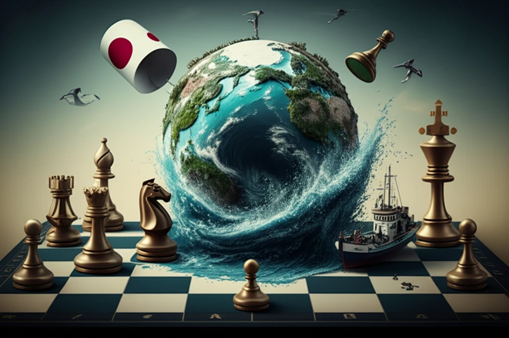 A game board depicting the Fukushima wastewater discharge issue with chess pieces representing different stakeholders.