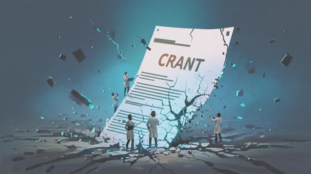 Scientists metaphorically leaking out of a cracked research grant document