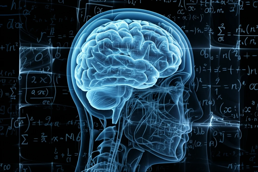 Brain with math equations, representing decision making.