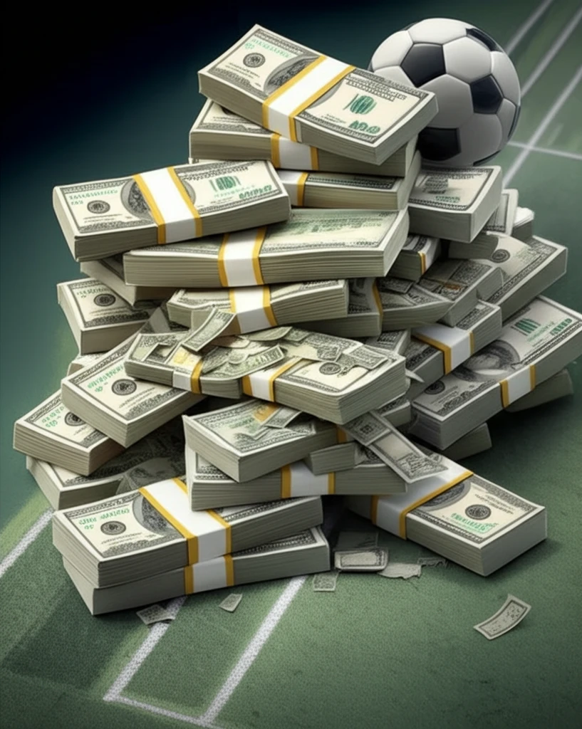 Unequal distribution of prize money in football, visualized as a tilted football field with disproportionate cash stacks.