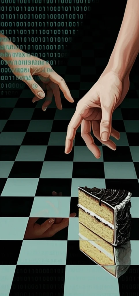 Two hands reaching for cake slices with binary code frosting, set against a chessboard background.