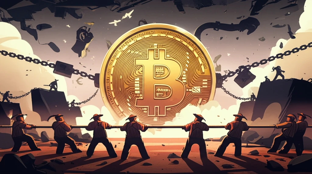 Tug-of-war over Bitcoin symbolizing collusion in cryptocurrency.