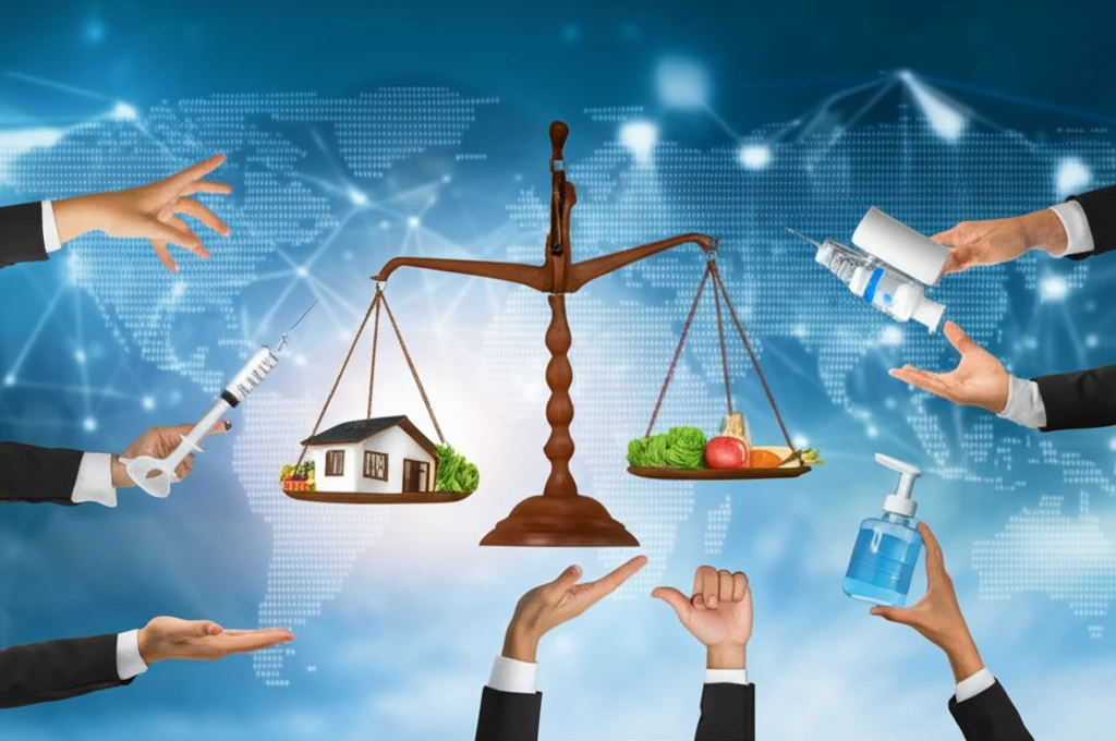 Scales balanced with diverse hands reaching for essential resources.