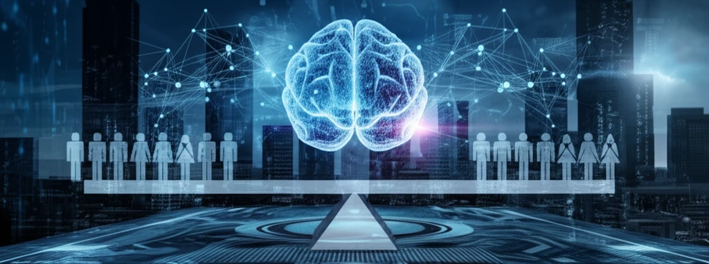 AI brain balancing accuracy and fairness in a futuristic cityscape