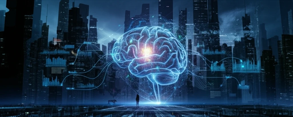 Futuristic cityscape with interconnected data streams flowing through buildings, symbolizing a digital platform with AI-powered forecast reconciliation.