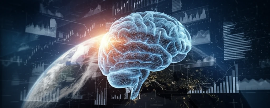 AI brain made of financial charts influencing global economics.