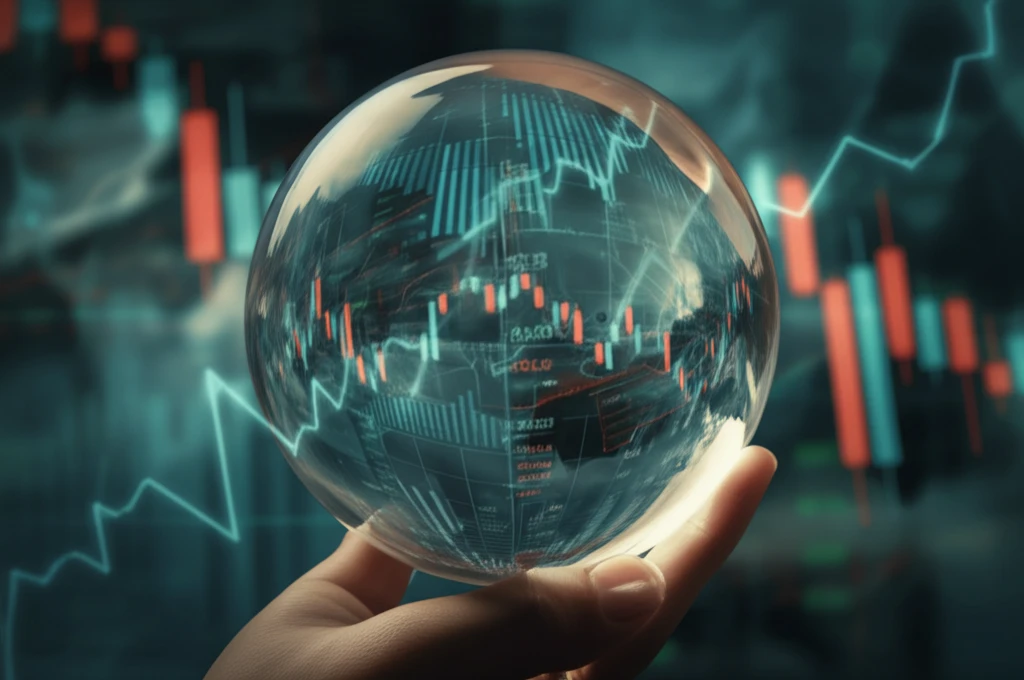 Crystal ball reflecting volatile stock market data, symbolizing economic prediction.
