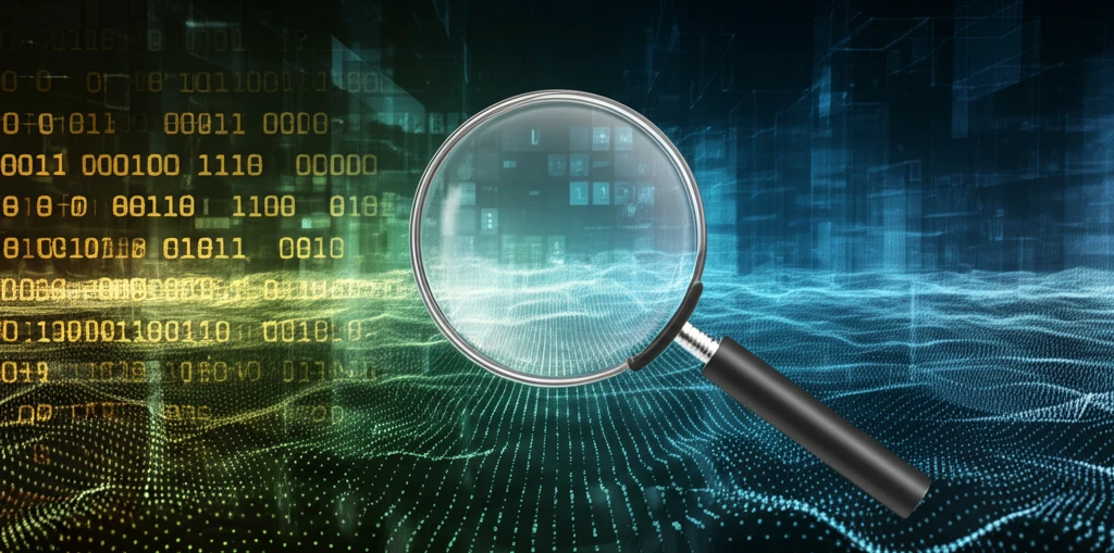 Data landscape with a magnifying glass, symbolizing data analysis and scrutiny.