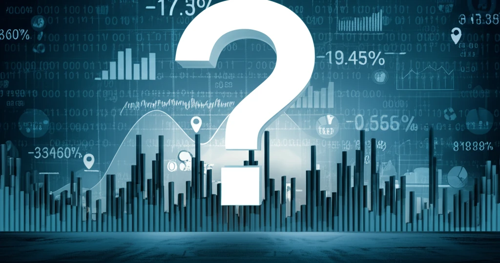 Surreal illustration of financial market uncertainty with a question mark over the landscape.