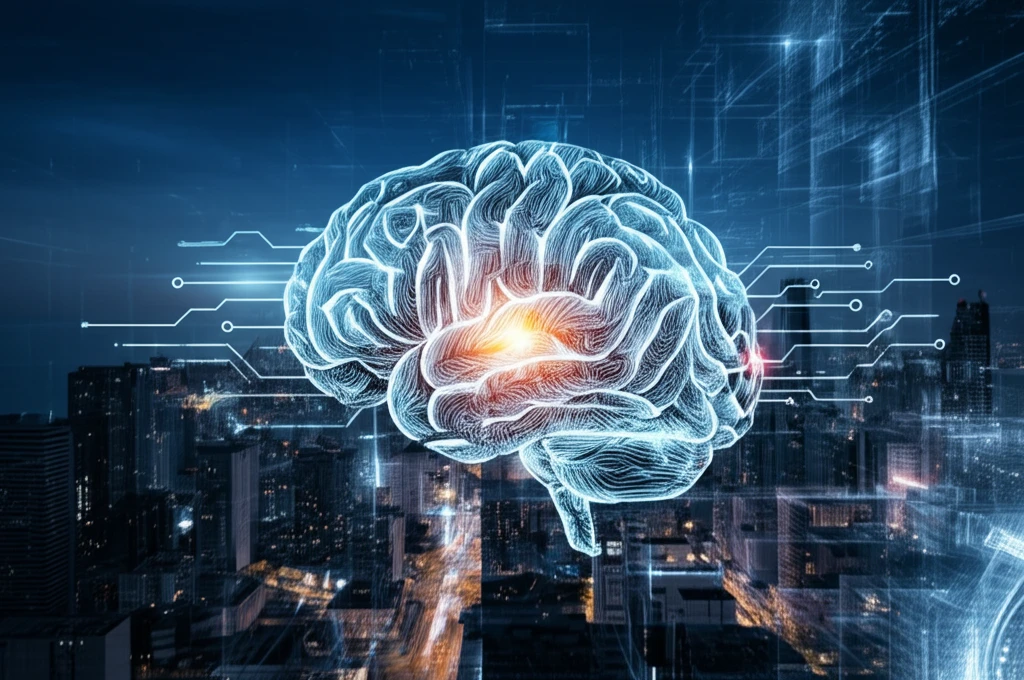 Human brain intertwined with circuits, representing the interplay of human intellect and AI.