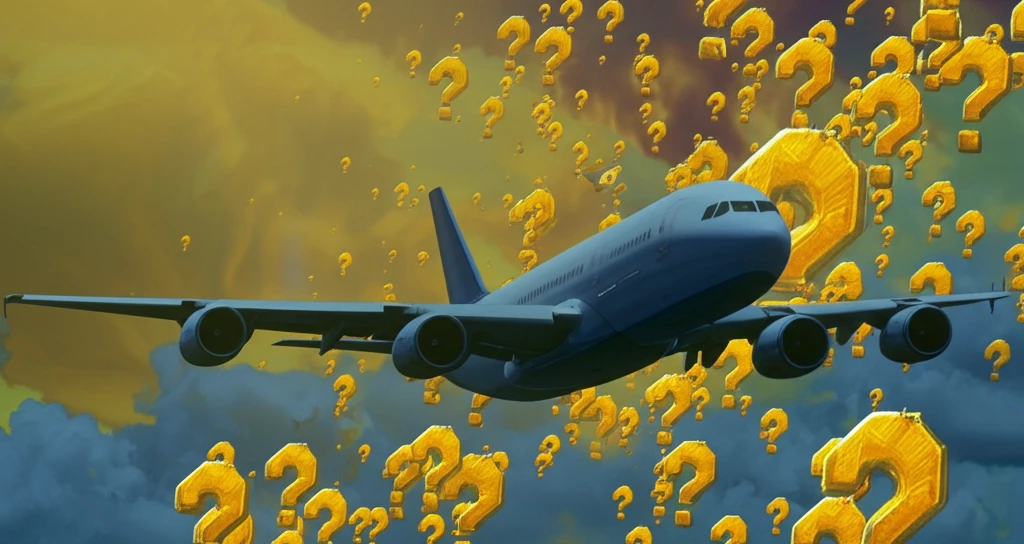Stylized airplane flying through a sky filled with price tags and question marks, symbolizing the choices and trade-offs associated with low-cost air travel.