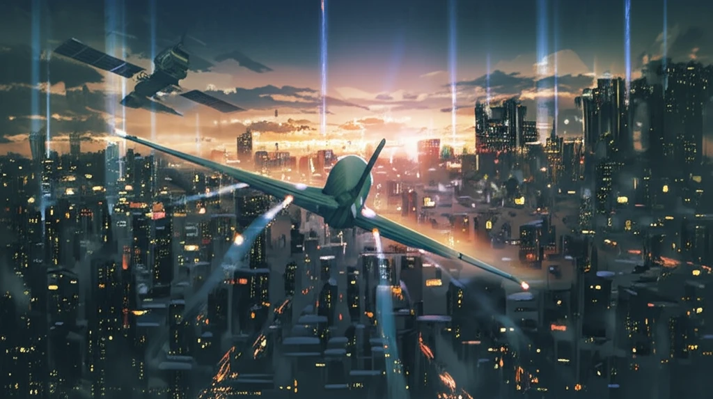 Futuristic cityscape with airplane guided by satellite beams.