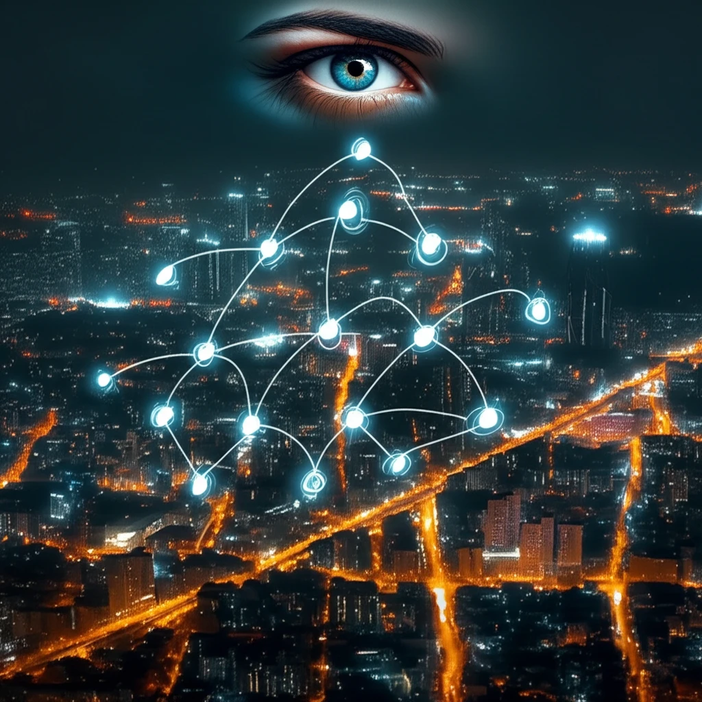 A surreal illustration of a causal network being observed, symbolizing the power of understanding complex relationships.