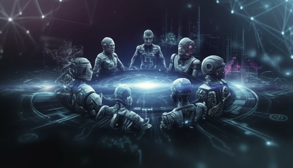 AI agents forming a cooperative circle, symbolizing collaboration and interconnectedness.