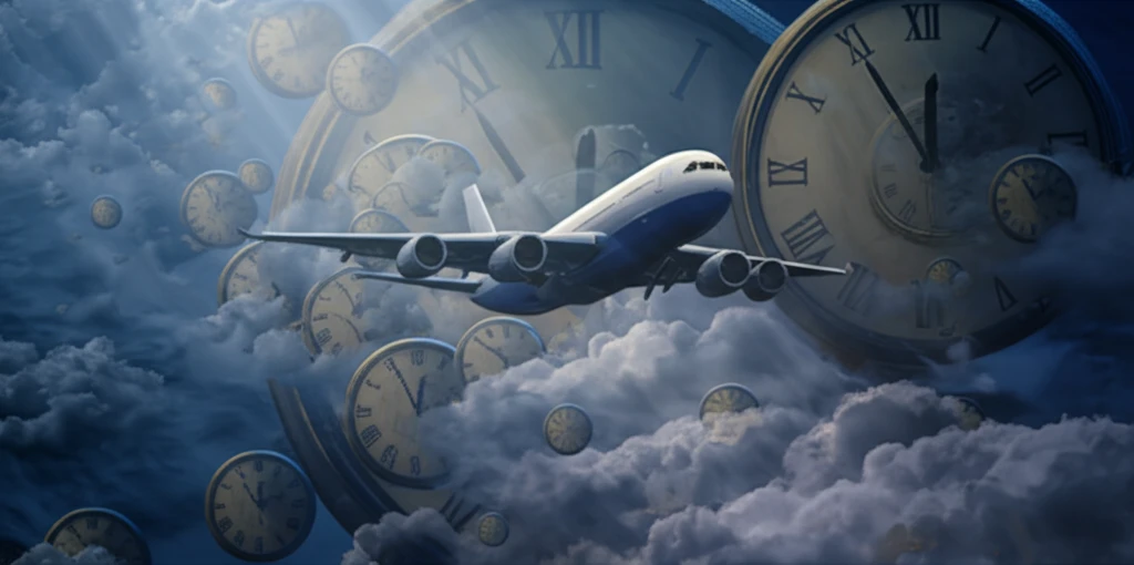Airplane flying through clock-shaped clouds