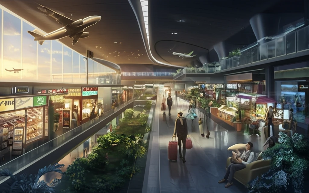 Bustling airport terminal with shops and travelers.