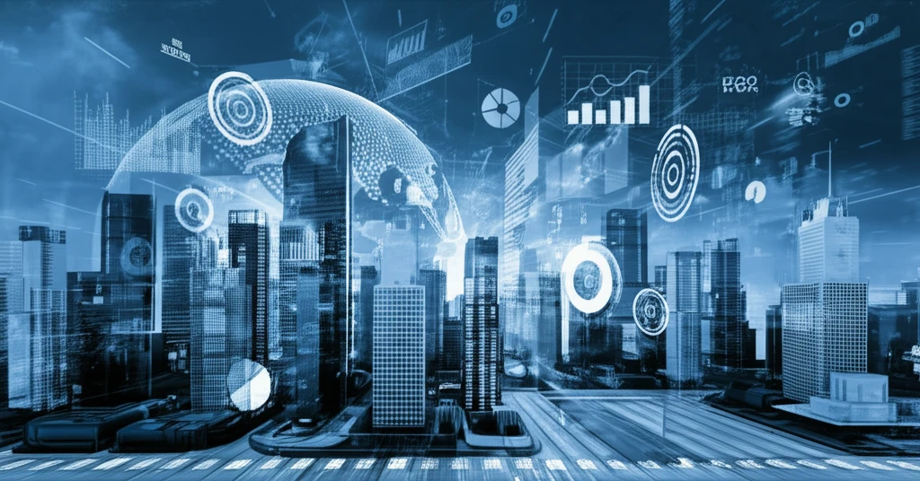 A cityscape made of data streams, symbolizing machine learning in economic forecasting.