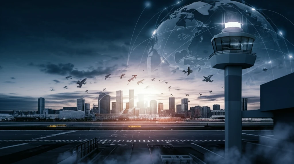 Airport control tower overlooking a landscape of interconnected global cities.
