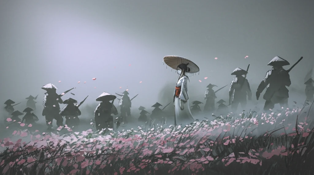 A solitary Japanese woman stands in a field of fading cherry blossoms, haunted by the memory of war.