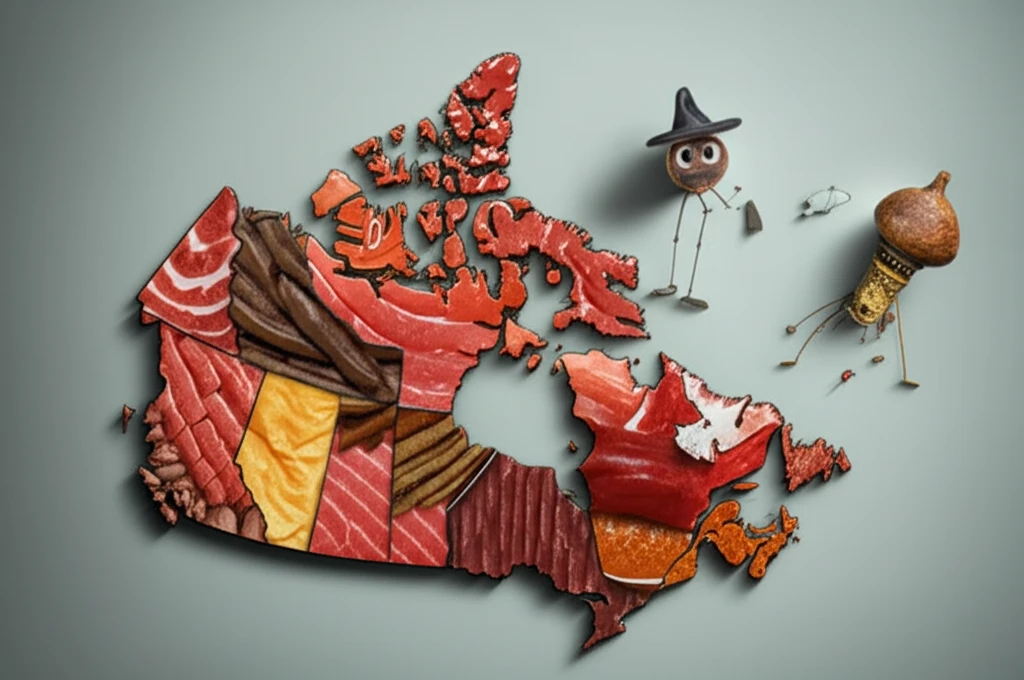 Canadian map made of different meats, symbolizing regional food preferences.