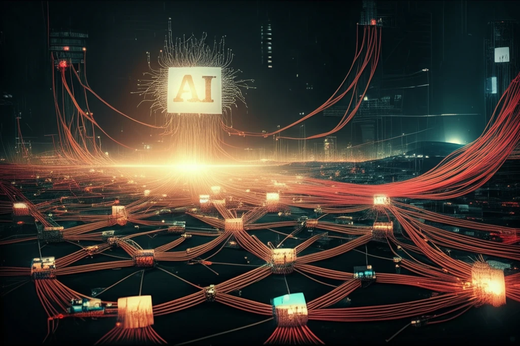 Interconnected web of software packages with vulnerabilities spreading through the network, protected by AI.