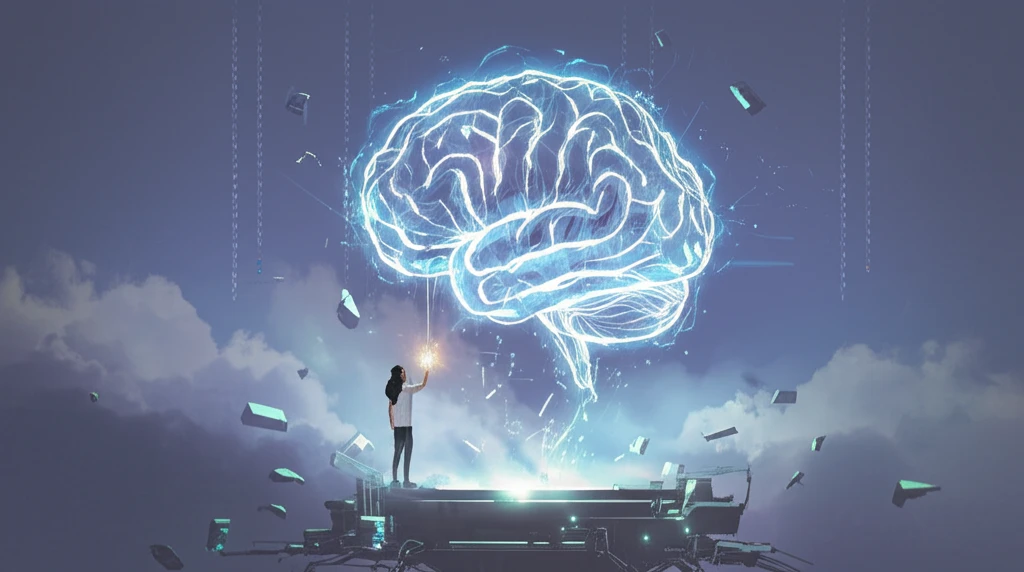 Surreal illustration of a person sharing data with an AI brain, representing collaborative evaluation in the digital age.