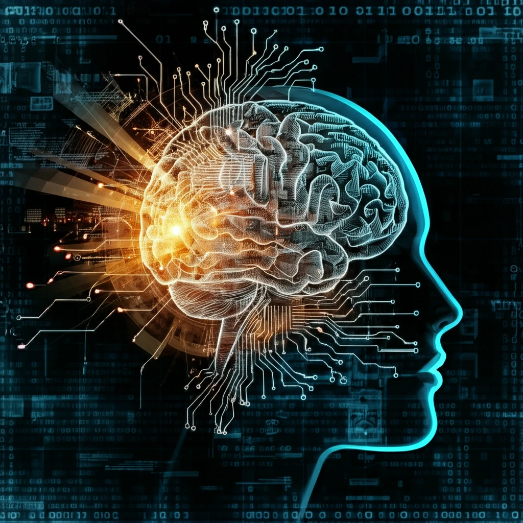 AI decision making concept: A human brain intertwined with digital circuits.