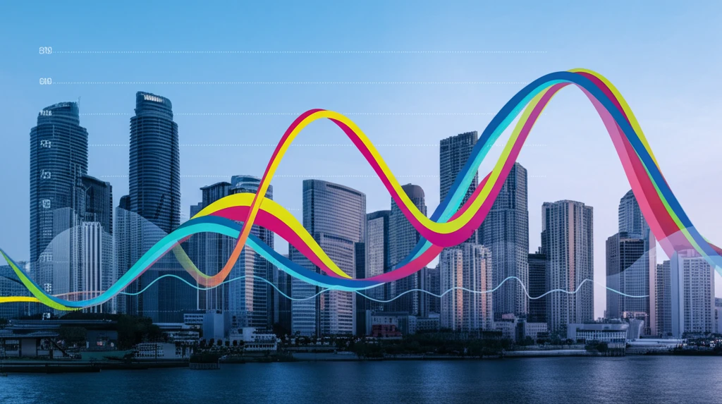 Surreal cityscape transforming into age distribution curves.