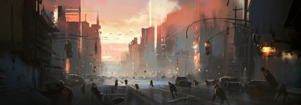 A surreal cityscape with heat waves, symbolizing the impact of extreme heat on daily commutes and work life.