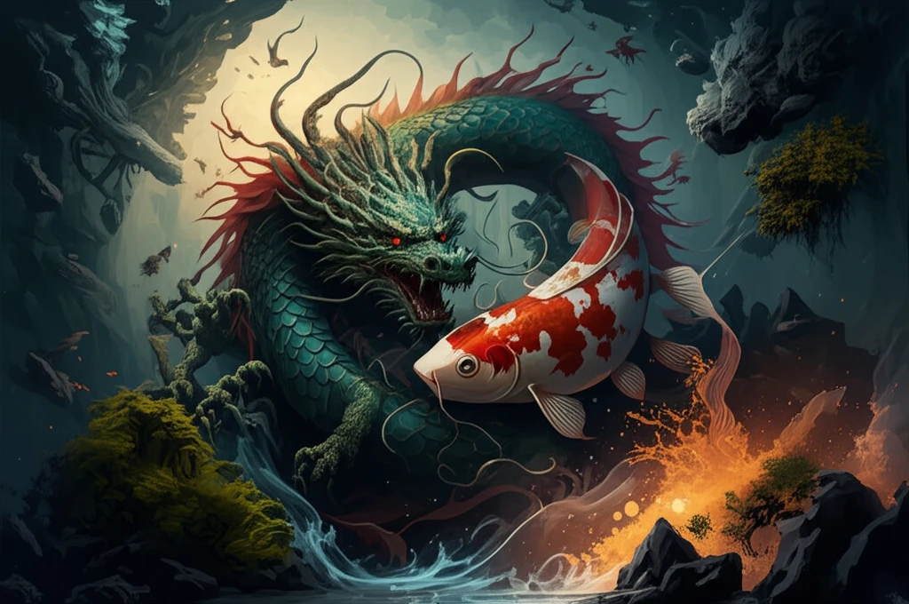 Intertwined dragon and koi fish symbolizing economic networks of China and Japan.
