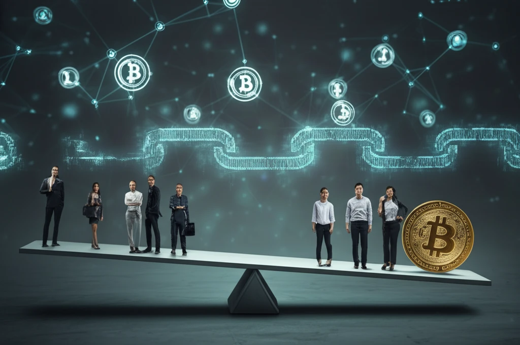 Blockchain balance: Cryptocurrency coin balanced with a diverse user group