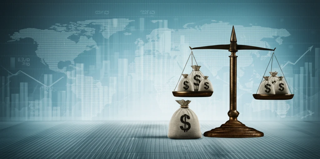Scales balancing money bags and justice symbols, illustrating tax policy.