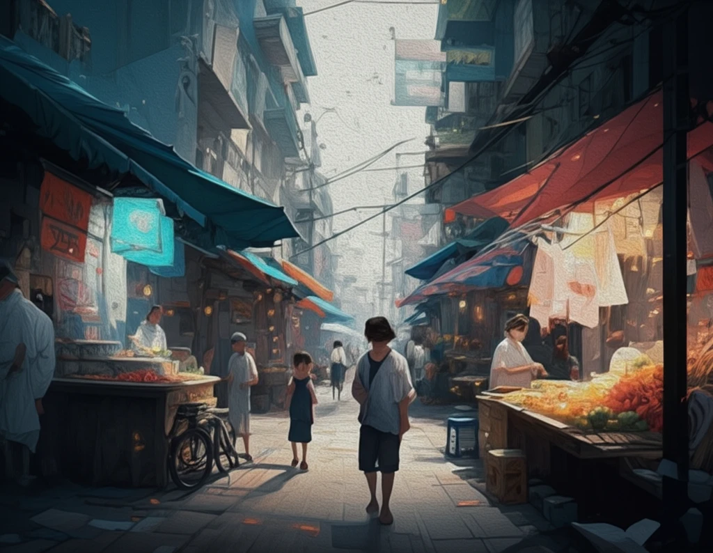Surreal market scene with glowing threads connecting people, some clear and some tangled.