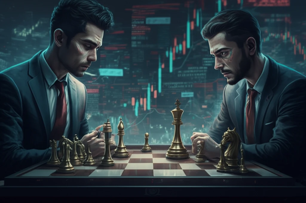 Chess players in a strategic bilateral trade, digital illustration.
