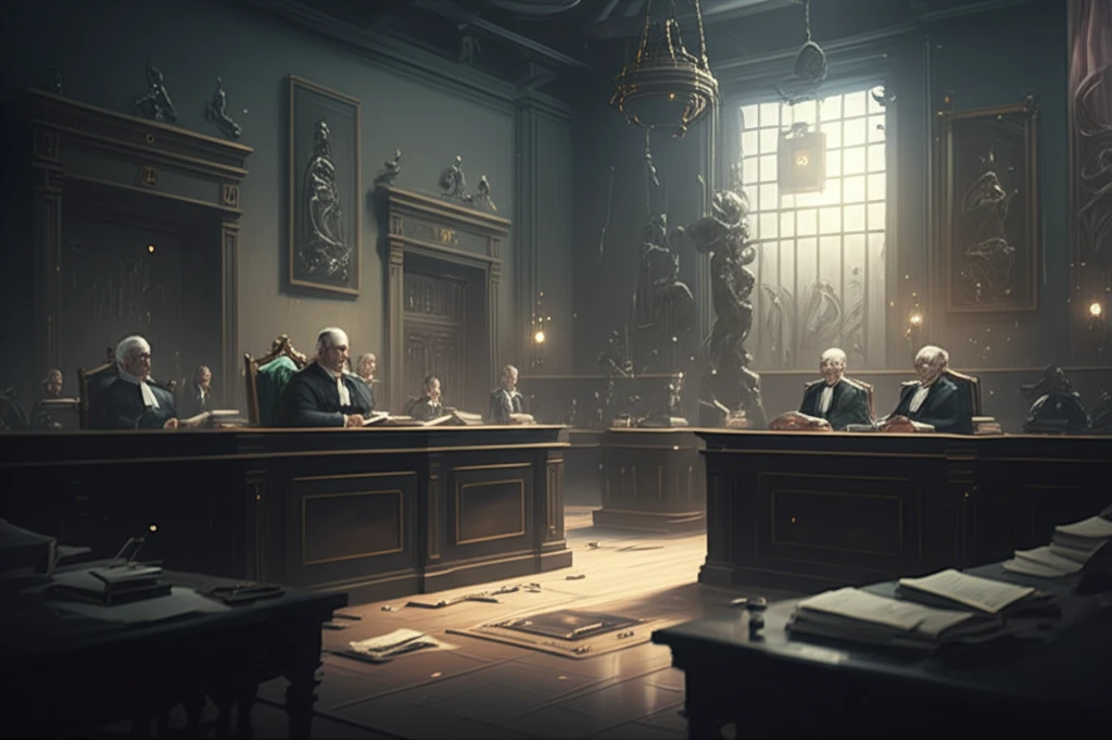 Surreal illustration of an AI copyright trial.